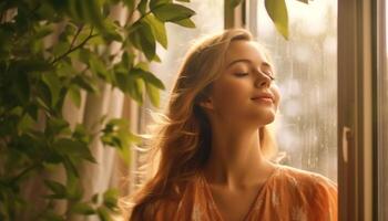 giovane donna con biondo capelli sorridente, guardare su finestra, godendo natura generato di ai foto