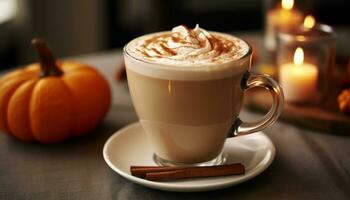 un' caldo caffè latte macchiato su un' di legno tavolo, autunno vibrazioni generato di ai foto