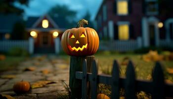 spaventoso notte, raggiante zucca, il male lanterna, orrore all'aperto, Halloween celebrazione generato di ai foto