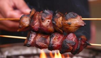 grigliato carne su spiedo, cucinato su carbone, un' barbecue diletto generato di ai foto