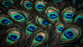 vivace pavone piuma vetrine natura eleganza nel Multi colorato modello generato di ai foto