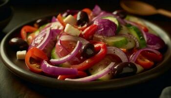 fresco, salutare insalata con pomodoro, cipolla, cetriolo, e oliva olio generato di ai foto