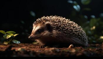 carino piccolo riccio nel natura, guardare a telecamera, mettere in guardia nel foresta generato di ai foto