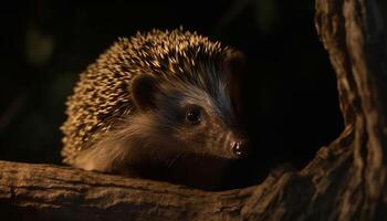 carino riccio grugno guardare a notte, nel il foresta generato di ai foto