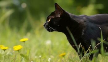 carino gattino seduta su erba, fissando a giallo fiore generato di ai foto