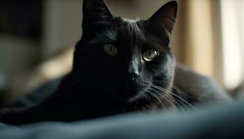 carino gattino seduta su divano, fissando a telecamera con blu occhi generato di ai foto