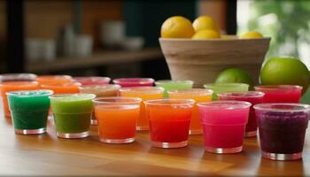 freschezza e vivacità nel un' colorato frutta cocktail su un' tavolo generato di ai foto