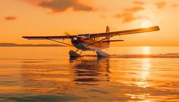 idrovolante Soaring attraverso tramonto, riflettendo bellezza nel natura tempo libero attività generato di ai foto