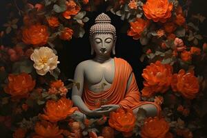 Budda statua circondato di arancia fiori su un' nero sfondo ai generato foto