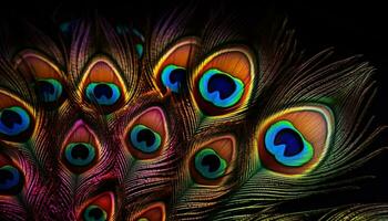 vivace colorato pavone piuma vetrine natura bellezza nel vicino su generato di ai foto