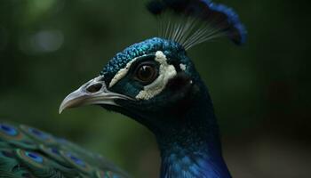 un' maestoso pavone viene visualizzato vivace colori nel natura bellezza generato di ai foto