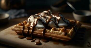un' pila di fatti in casa belga cialde, sormontato con fusione cioccolato generato di ai foto