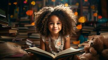 poco ragazza lettura un' libro nel il biblioteca con autunno le foglie in giro suo. generativo ai foto