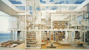 interno di moderno biblioteca con bianca muri, di legno pavimento, righe di librerie e librerie. 3d resa. generativo ai foto