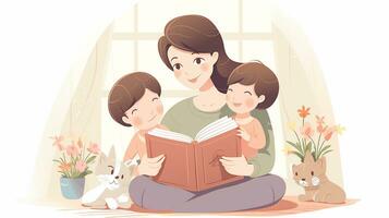 un' madre insegnamento sua bambino per leggere. generativo ai foto