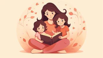 un' madre legge un' storia libro per sua bambino. generativo ai foto