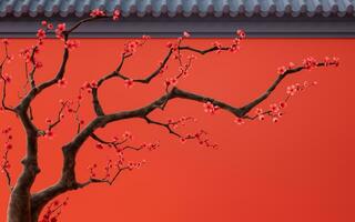 prugna fiorire con Cinese antico parete, 3d resa. foto