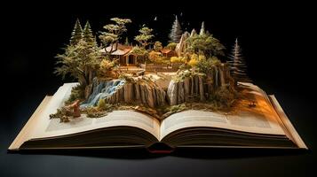 fantasia paesaggio con un' cascata nel il Aperto libro su buio sfondo. generativo ai foto