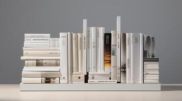 3d interpretazione di un' libro mensola con libri nel davanti di grigio sfondo. generativo ai foto