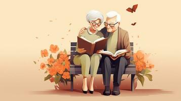 anziano coppia lettura un' libro per godere il attuale momento. piatto design vettore illustrazione. generativo ai foto