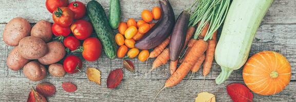 assortimento diverso fresco biologico verdure su nazione stile di legno sfondo. salutare cibo vegano vegetariano dieta concetto. Locale giardino produrre pulito cibo. superiore Visualizza piatto posizione, bandiera foto