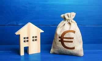 figurina silhouette Casa e Euro i soldi Borsa. acquisto e vendita vero proprietà. le tasse. mutuo prestito. vendita di alloggi. proposta per un' affare prezzo. primo rata. Manutenzione, proprietà miglioramento. foto