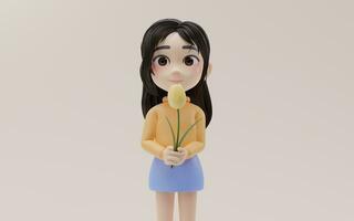 poco ragazza Tenere fiore nel sua mano con cartone animato stile, 3d resa. foto