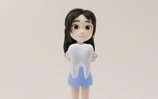 poco ragazza mostrando il dente modello con cartone animato stile, 3d resa. foto