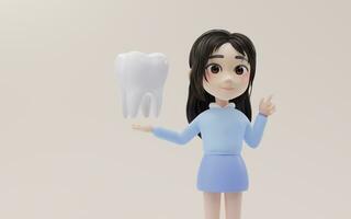 poco ragazza mostrando il dente modello con cartone animato stile, 3d resa. foto