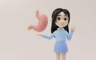 poco ragazza mostrando il stomaco modello con cartone animato stile, 3d resa. foto