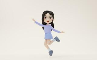 poco ragazza salto animatamente con cartone animato stile, 3d resa. foto