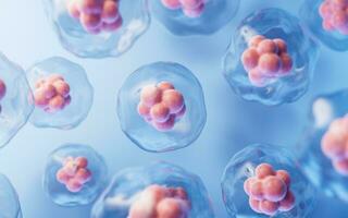 trasparente cellula con biotecnologia e cosmetico concetto, 3d resa. foto