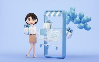 cartone animato ragazza con shopping carrello, 3d resa. foto