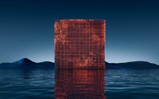 digitale cubo e acqua superficie sfondo, 3d resa. foto