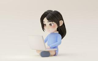 poco ragazza Lavorando con il computer portatile con cartone animato stile, 3d resa. foto