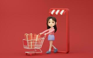 poco ragazza con shopping tema con cartone animato stile, 3d resa. foto