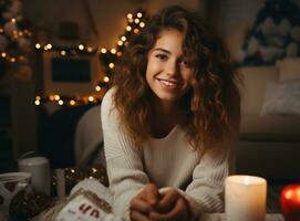 giovane donna con Marrone capelli e Natale albero foto