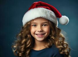 un' giovane ragazza nel Santa cappello su blu sfondo foto