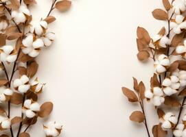 cotone e le foglie su bianca sfondo piatto posare stile foto