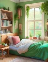 confortevole Camera da letto, verde e crema toni, molte di libri e illustrato impianti foto