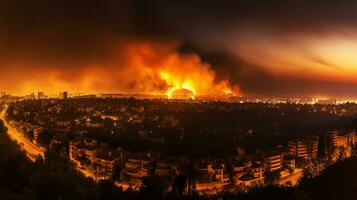 fuoco vicino entro il città. Fumo e odore inquinare generativo ai. foto