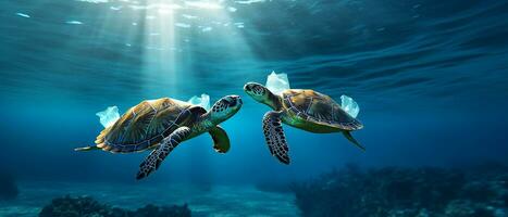 oceano inquinamento è un ecologico catastrofe plastica borse un' tartaruga circondato generativo ai. foto