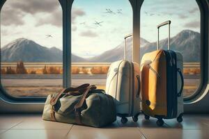 valigie per viaggiare, bagaglio nel il aeroporto terminale contro il sfondo di il finestra e il pista di decollo. ai generativo foto