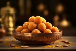 indiano dolce motichoor laddoo è anche conosciuto come bundi laddu o motichur laddoo quale originato a partire dal molto piccolo grammo Farina palle o bondis quale siamo in profondità fritto.ai generativo foto