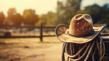 rurale sfondo con un' avvicinamento di un' cowboy cappello e un' corda. rustico sfocato sfondo. ai generativo foto