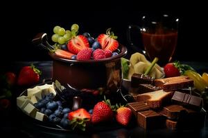 cioccolato fonduta con frutta e pane abbrustolito, buio sfondo.ai generativo foto