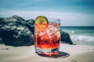 cocktail su il spiaggia, su un' caldo soleggiato giorno. ai generativo foto