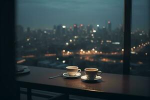 un' tazza di caffè su il tavolo di il panoramico finestra prospiciente il notte città. ai generativo foto