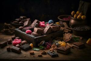 gustoso dolci con cioccolato barre, cacao polvere, e caramelle su un' sfondo. ai generativo foto