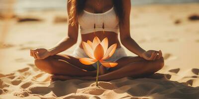 donna nel rilassamento su un' tropicale spiaggia con sabbia. abbronzato ragazza nel loto posizione, yoga e meditazione. ai generativo foto